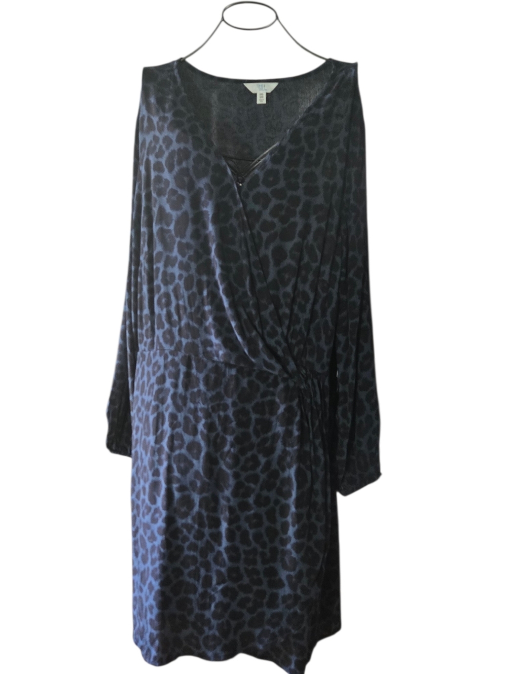 Time & Tru Blue Leopard Wrap-Style Long Sleeve Dress Size XXL